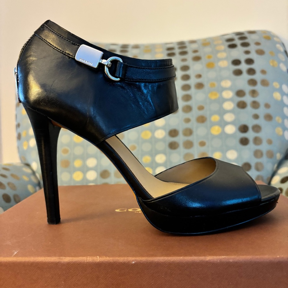 Coach Wexwood Semi-Matte Calf Black Leather Platform Peep-toe Heels